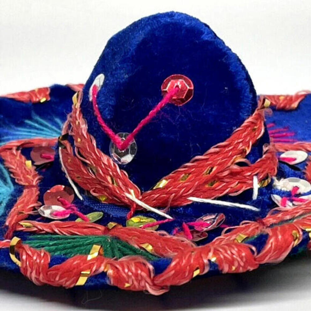 Mini Sombrero Doll Hat Mexico Souvenir Blue Velvet Sequins 6"‎